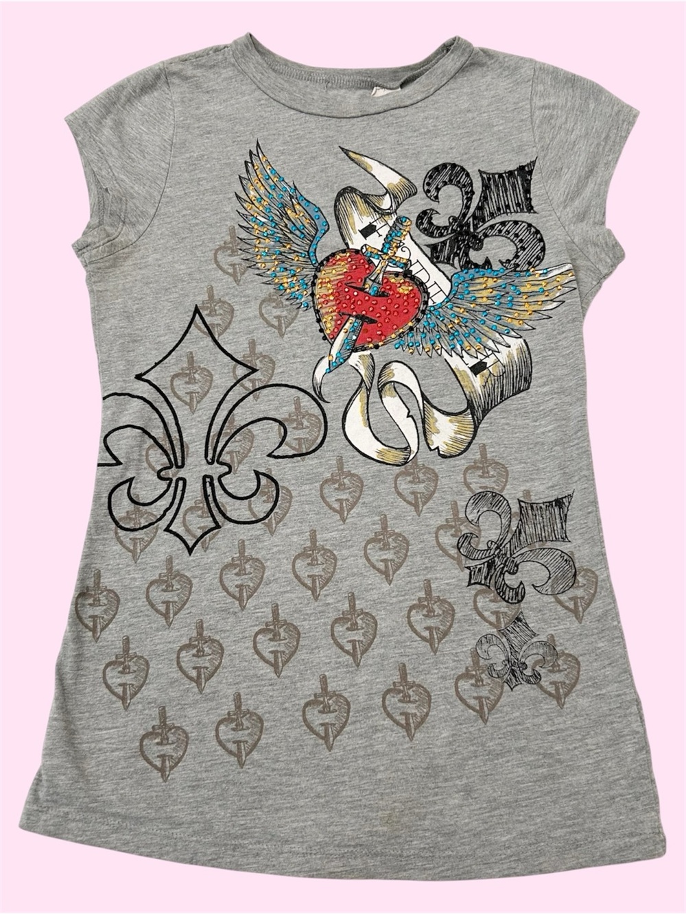 Y2K Fluer De Lis Angel Wings Heart Dagger Jewels Bedazzled Baby Doll Small